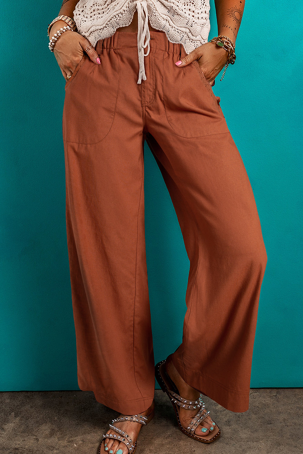 Elastic Waist Pocketed Casual Straight Leg Pants