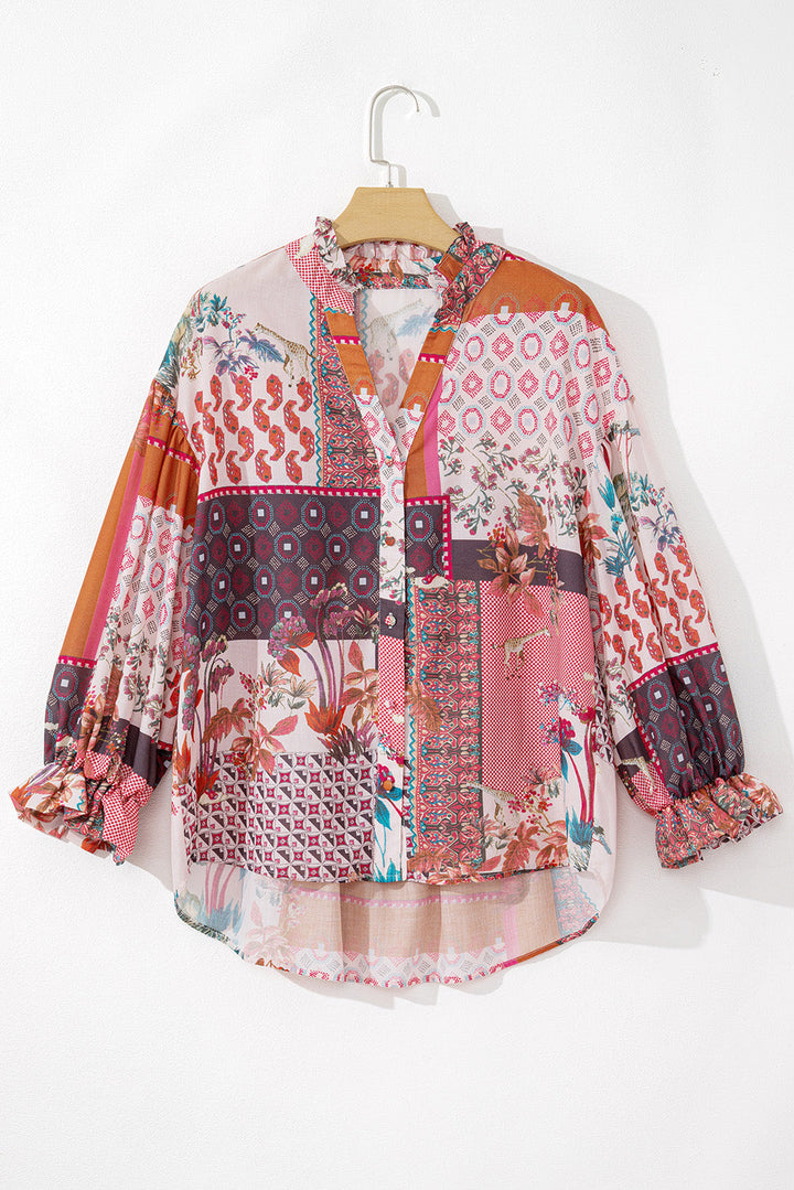 Boho Geometric Mixed Print Patchwork Bubble Sleeve Shirt