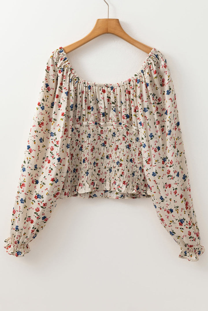 Boho Floral Print Smocked Waist V Neck Blouse