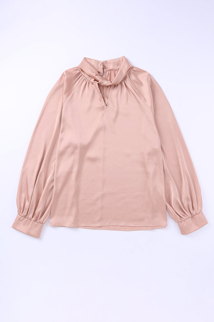 Twist High Neck Puff Sleeve Satin Blouse