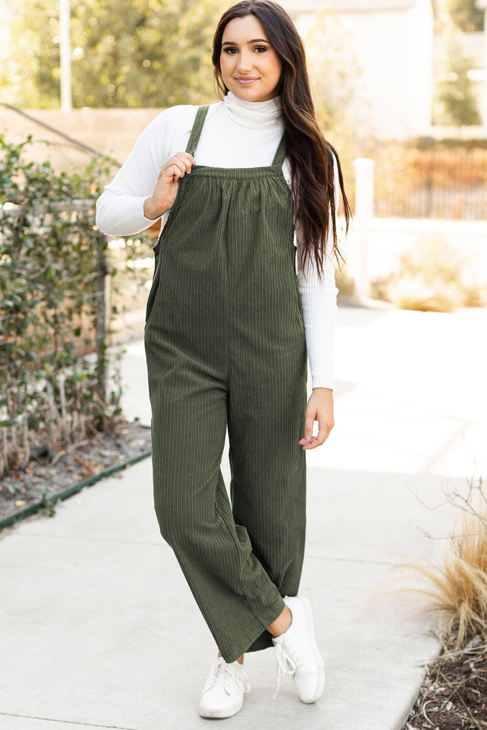 Solid Pocketed Loose Fit Corduroy Overall