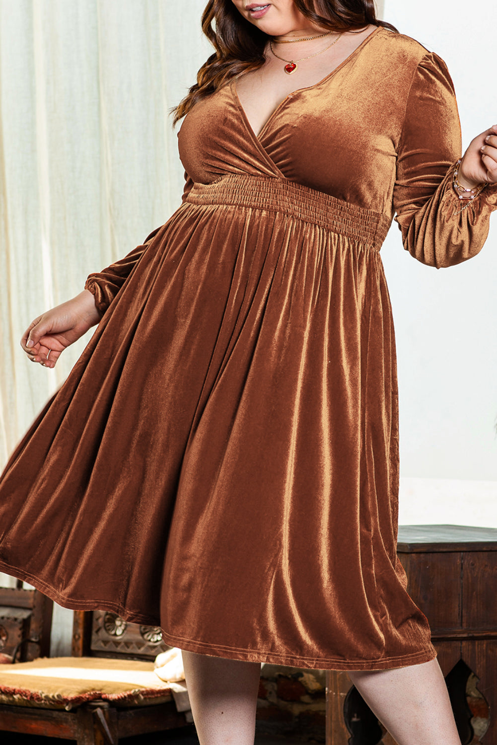 Surplice V Neck Balloon Sleeve Velvet Dress