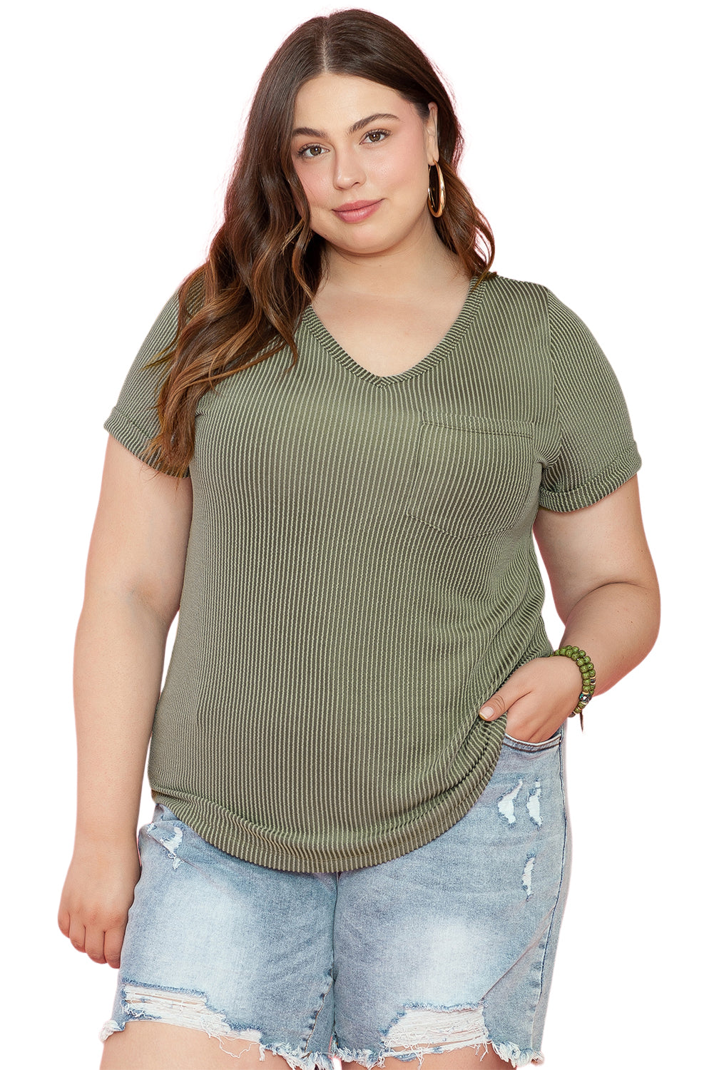 Plus Size Corded V Neck Patch Pocket Tee