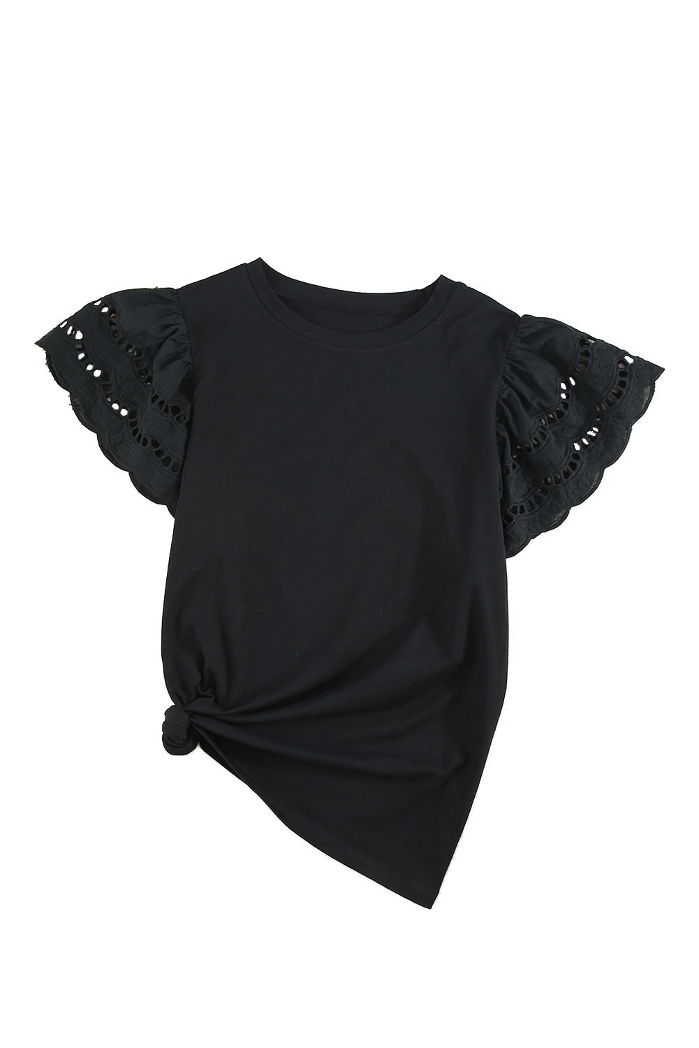 Black Hollow Out Ruffle Sleeve T-shirt