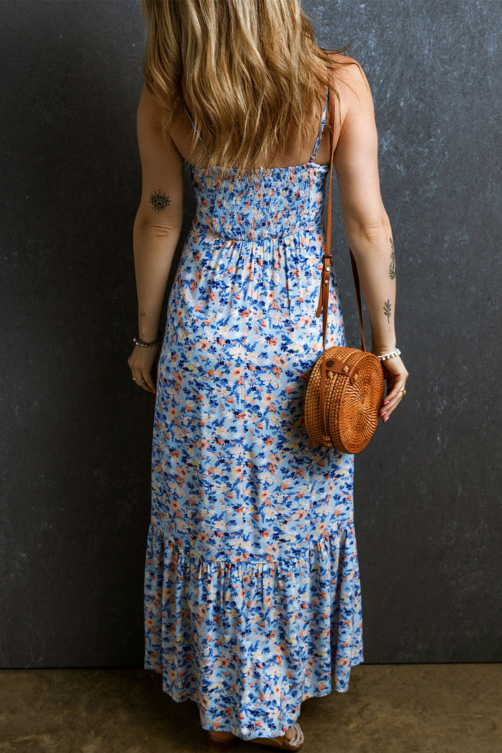 Floral Print Ruffled Ruched Maxi Dress