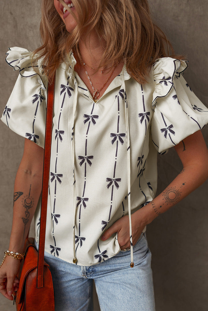 Bow Printed Ruffled Bubble Sleeve Tied Notched V Neck Blouse