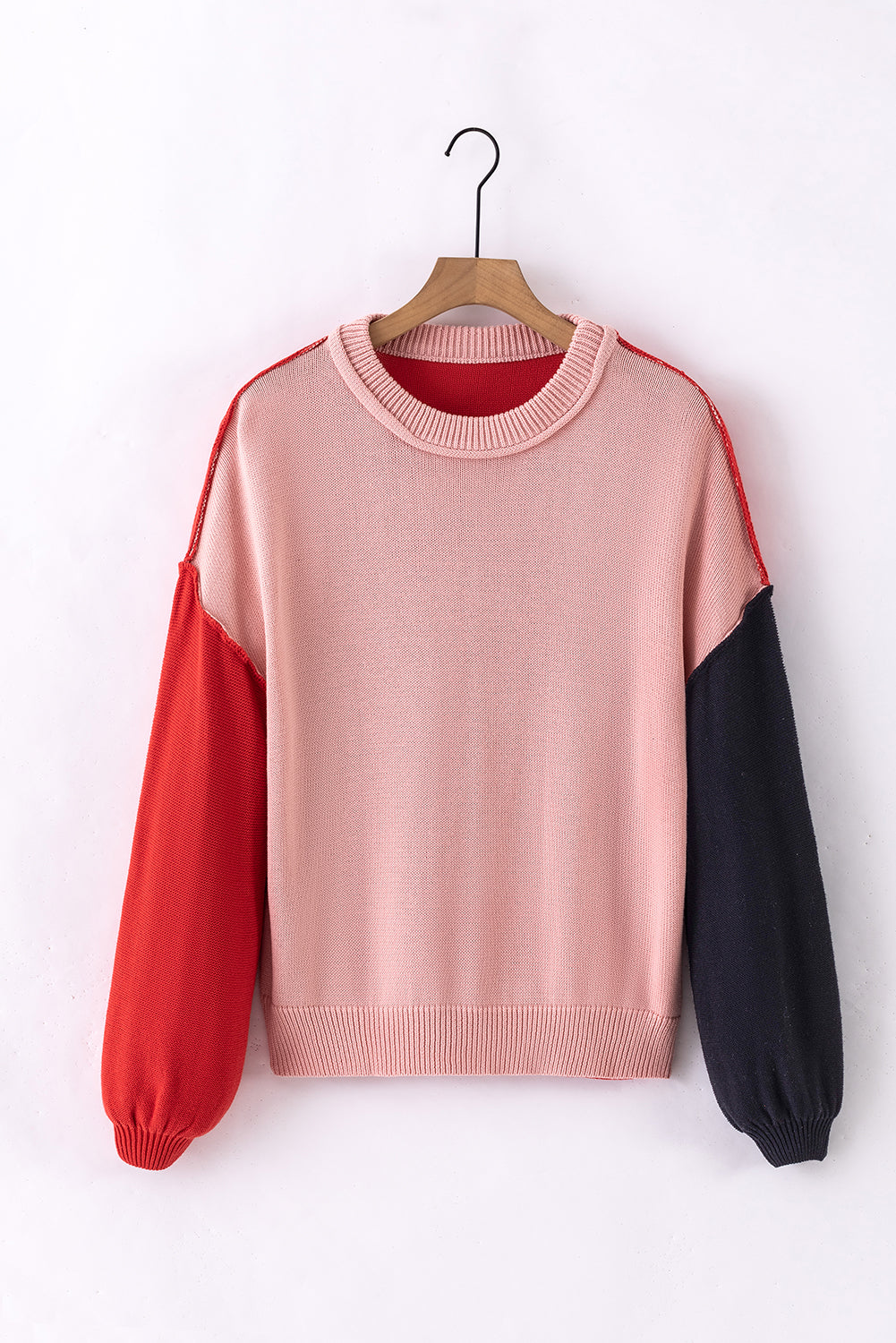 Colorblock Bishop Sleeve Ribbed Trim Sweater