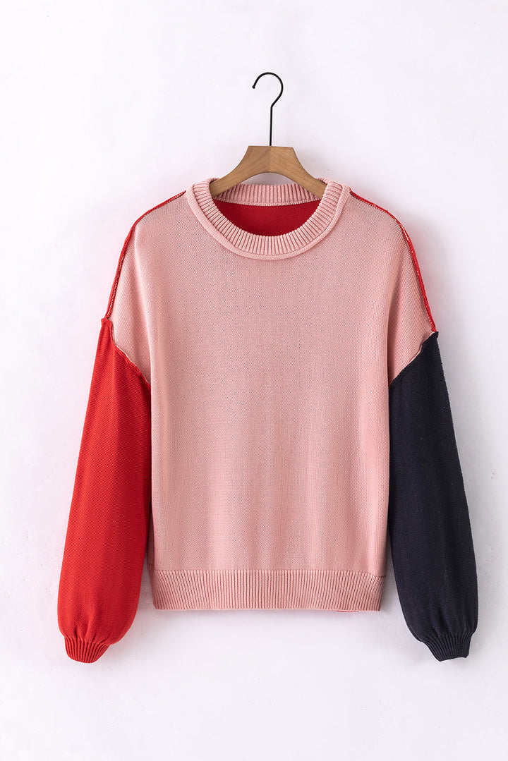 Colorblock Bishop Sleeve Ribbed Trim Sweater