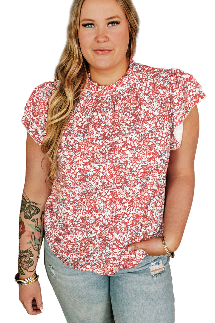 Plus Size Floral Print Ruffled Sleeve Frilled Neck Blouse