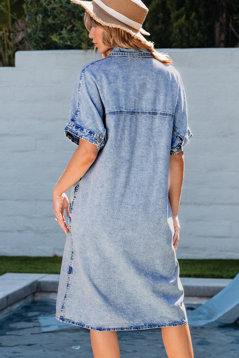 Loose Medium Wash Short Sleeve Shirt Chambray Dress