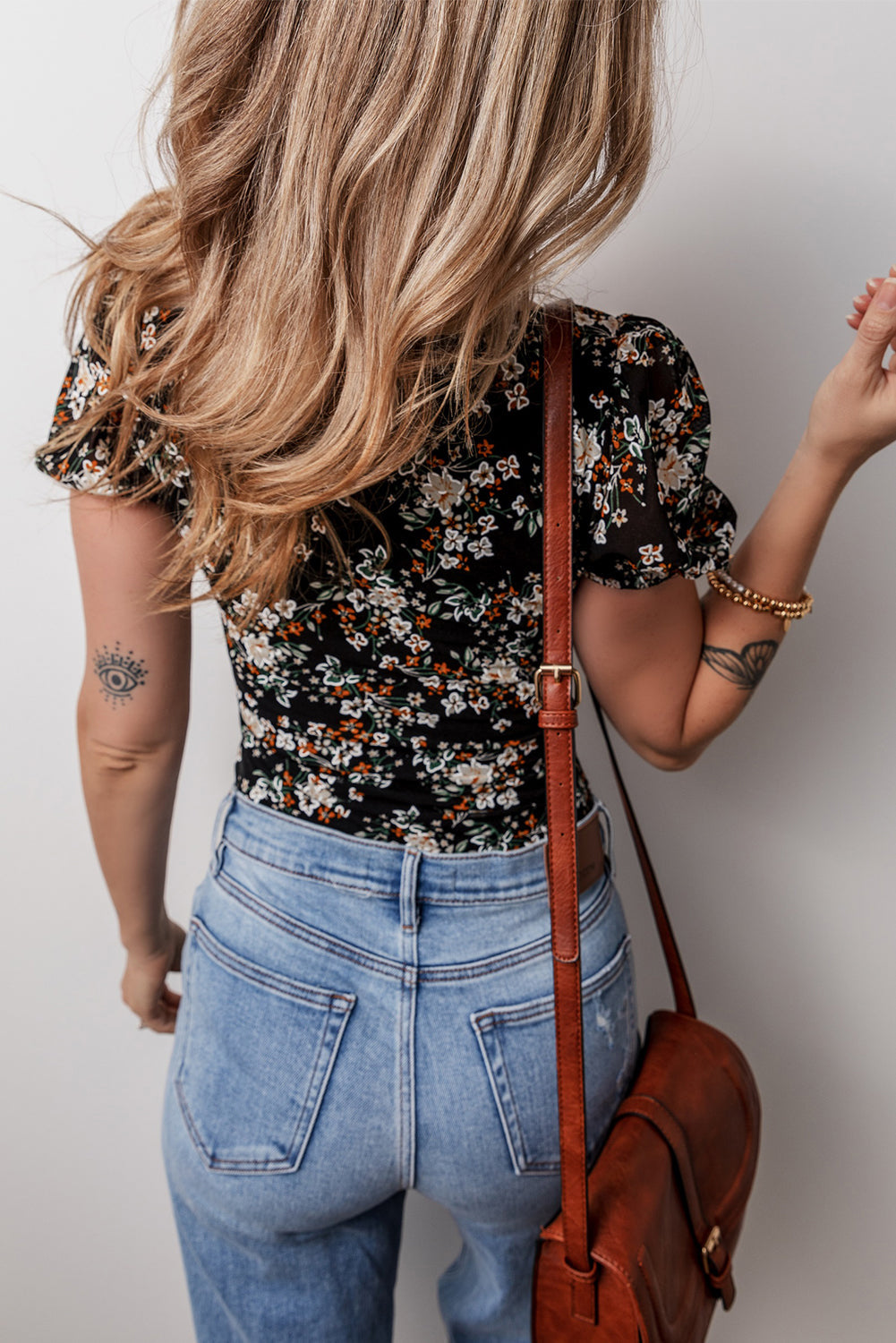 Floral Print U Neck Short Puff Sleeve Bodysuit