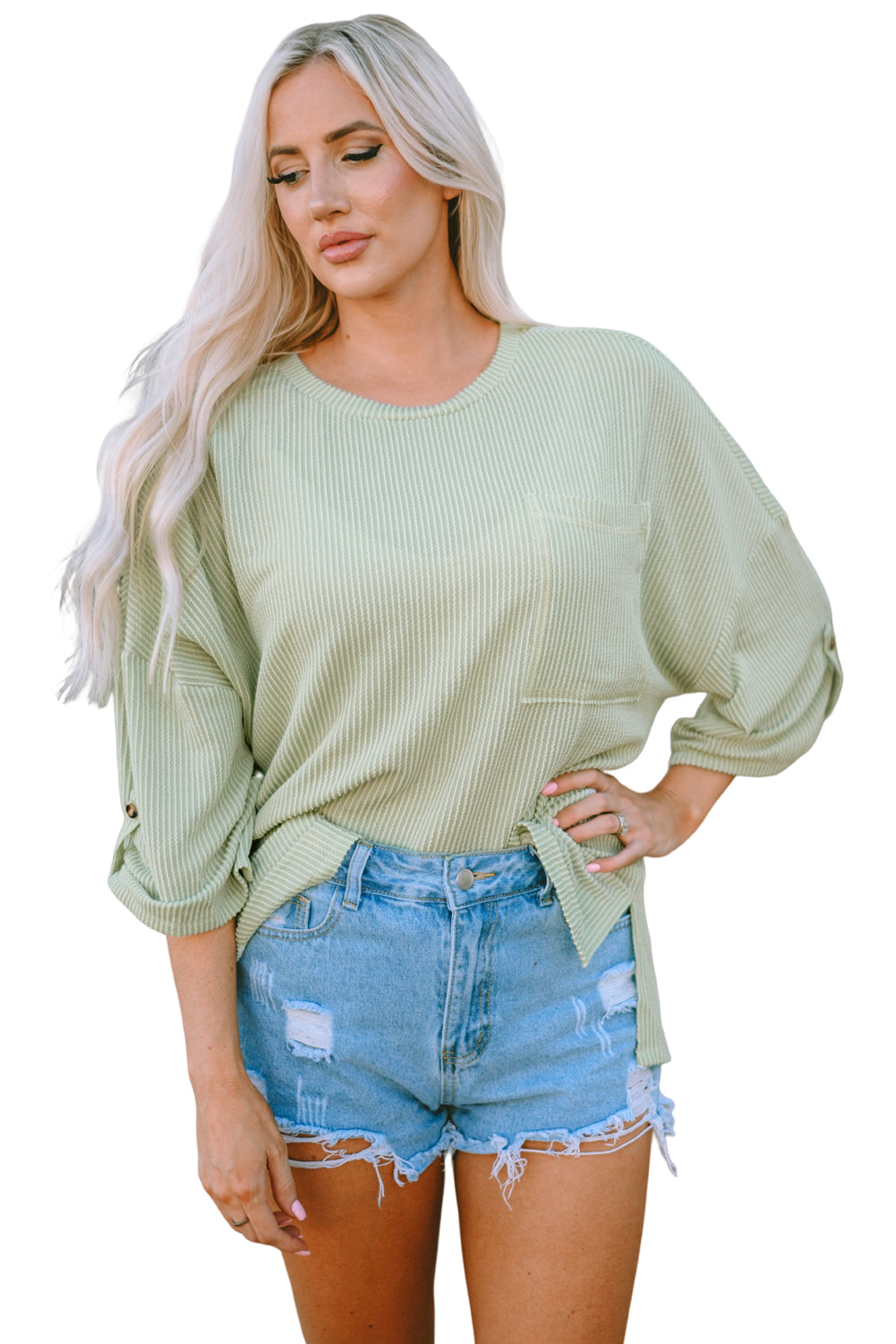 Ribbed Roll-tab Sleeve Chest Pocket Oversize Top