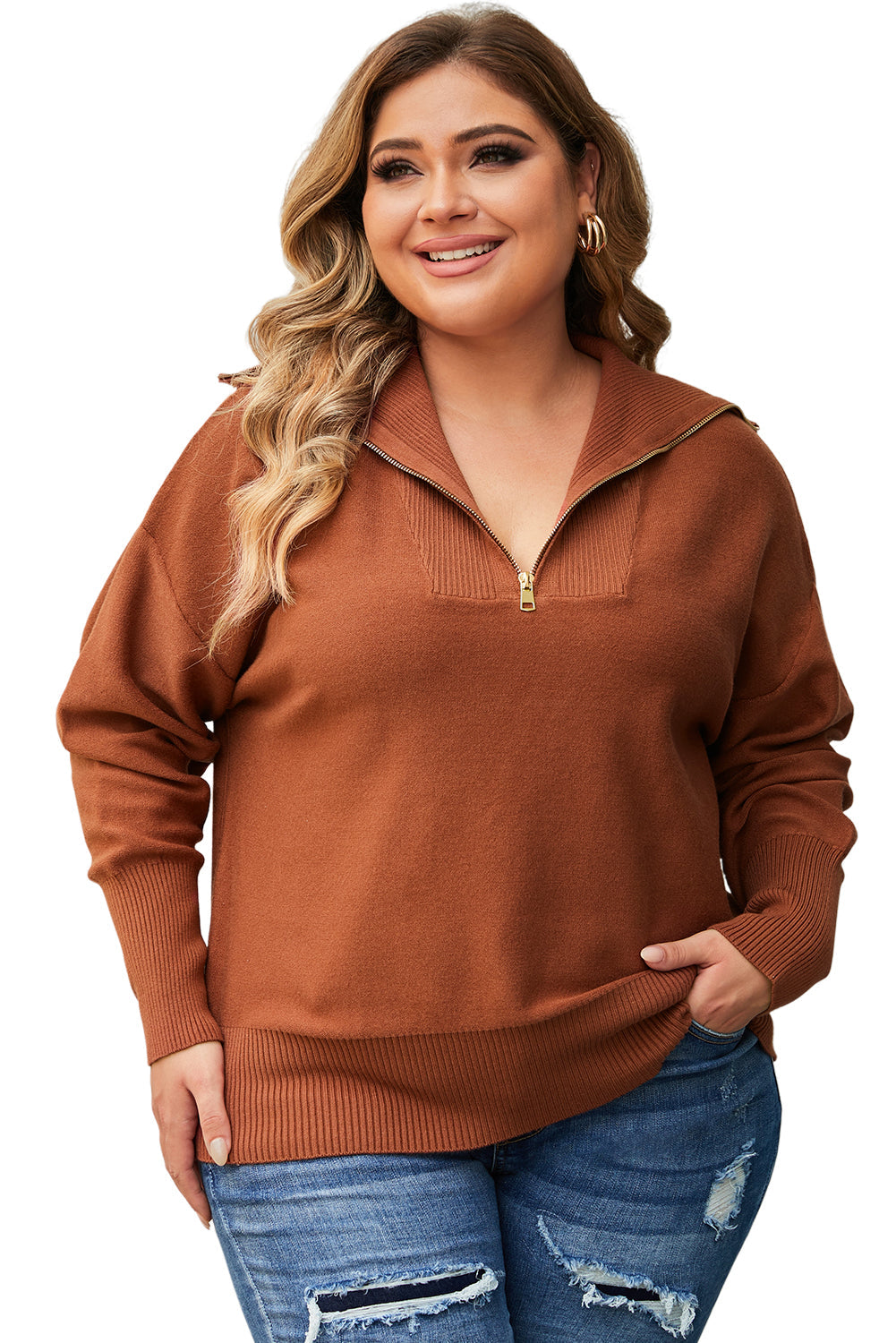 Solid Ribbed Trim Plus Size Zip Collar Sweater