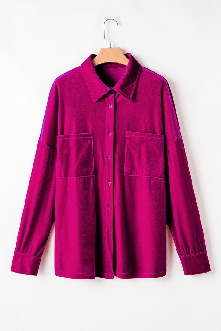 Plus Size Velvet Chest Pocket Drop Shoulder Shirt