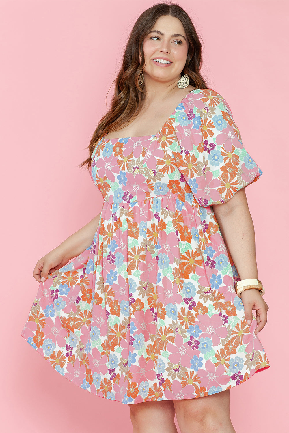 Floral Puff Sleeve Square Neck Plus Babydoll Dress