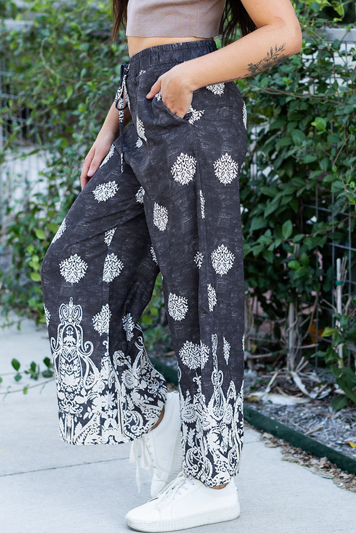 Bohemian Printed Drawstring Waist Wide Leg Pants