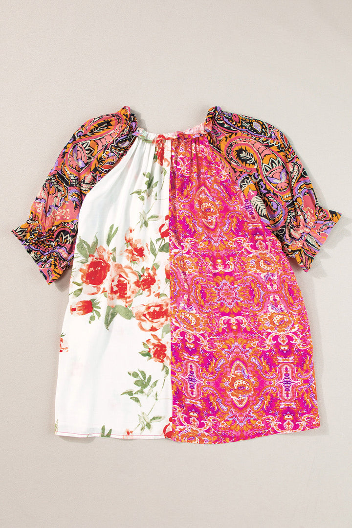 Boho Floral Patchwork Buttoned Short Sleeve Blouse