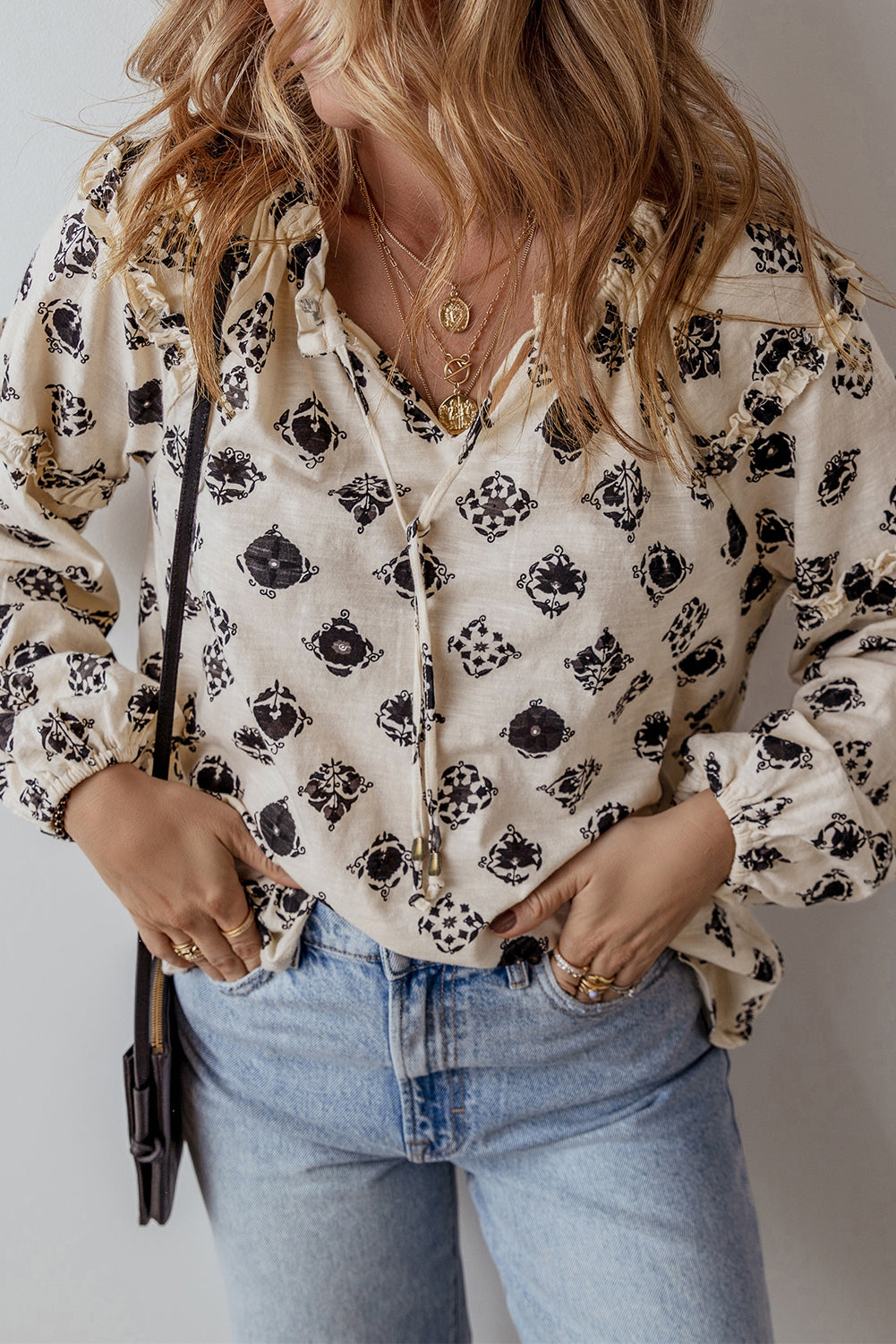 Printed Split Neck Bubble Sleeve Loose Blouse