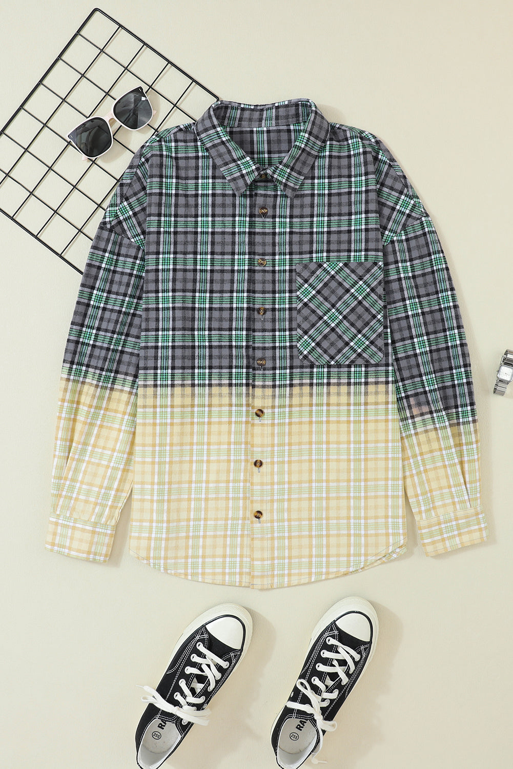 Contrast Plaid Patchwork Chest Pocket Button up Shacket