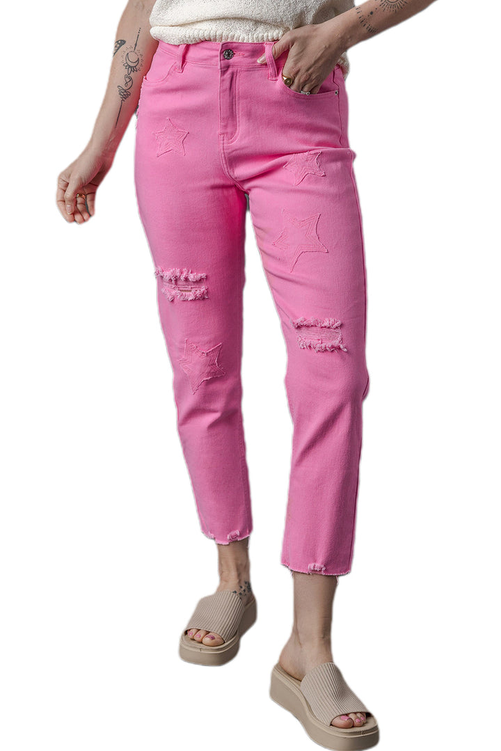 Pink Star Shape Patchwork Mid Waist Straight Leg Jeans