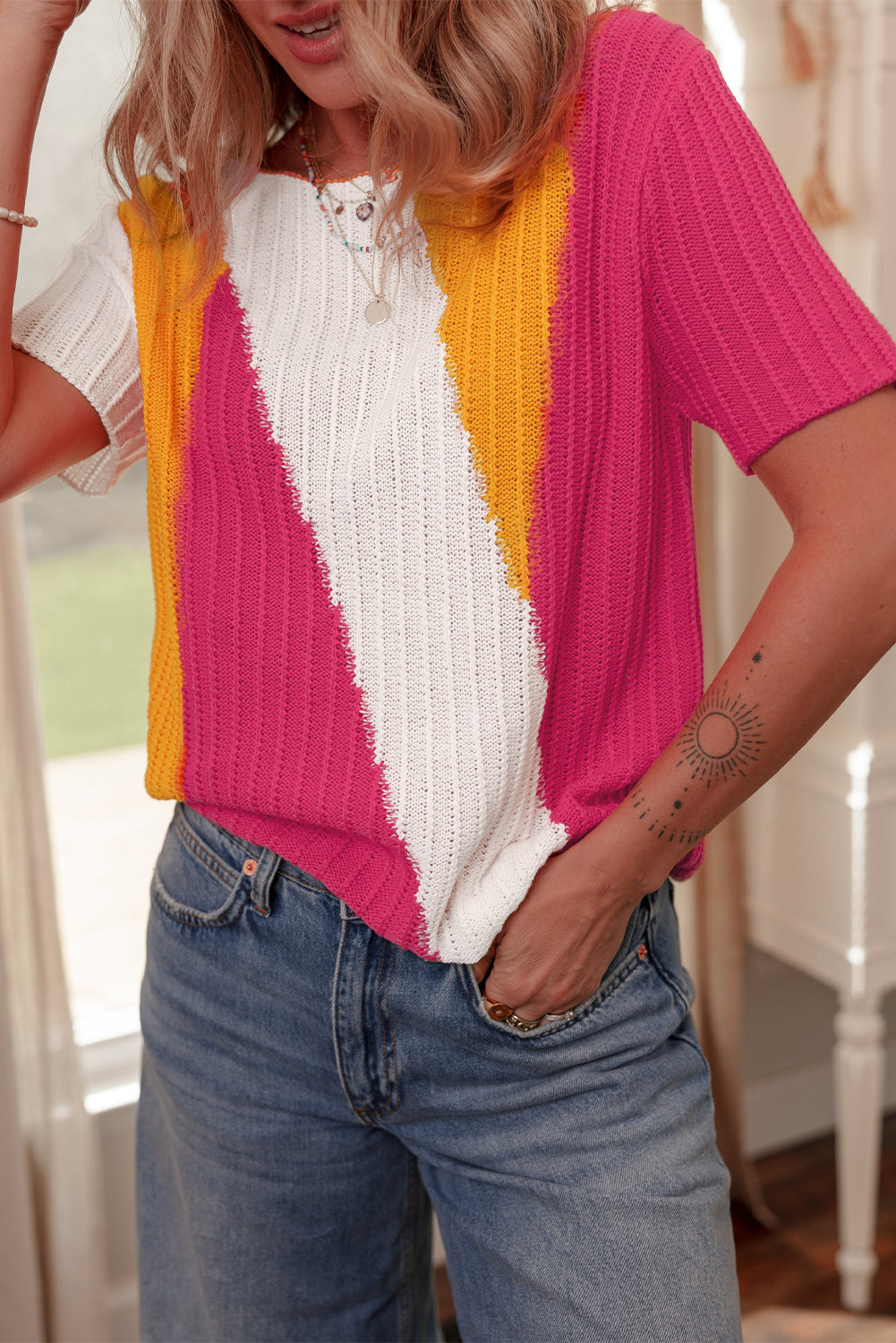 Textured Knit Colorblock Short Sleeve Sweater