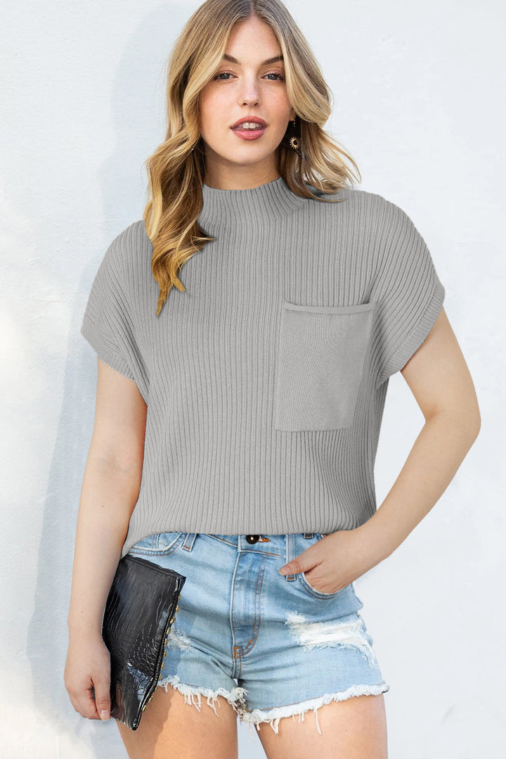 Patch Pocket Ribbed Knit Short Sleeve Sweater