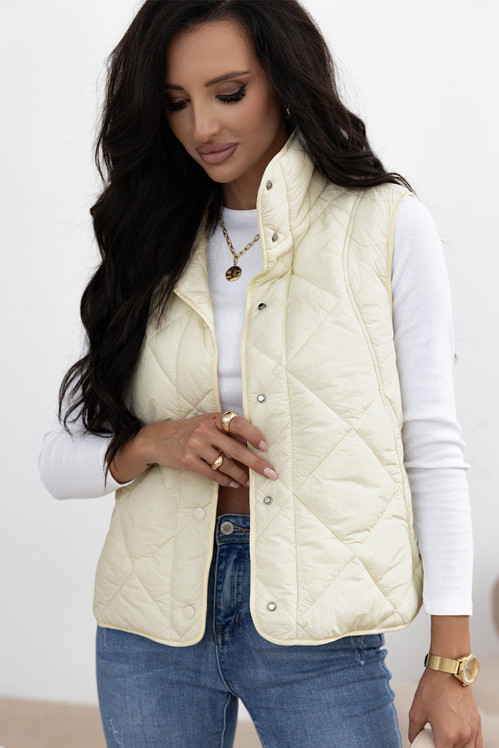 Quilted High Neck Button Up Pocket Vest Coat