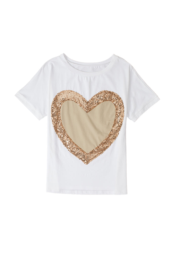 White Valentine's Day Sequined Heart Crew Neck Short Sleeve Top