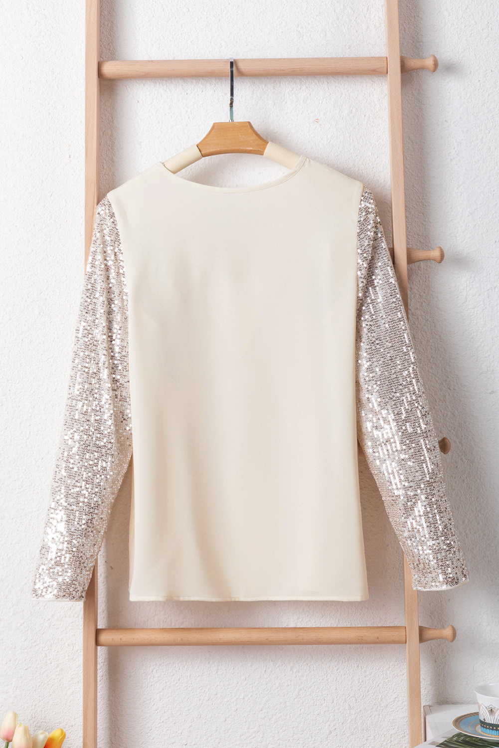 Sequined Sleeves Patchwork V Neck Blouse