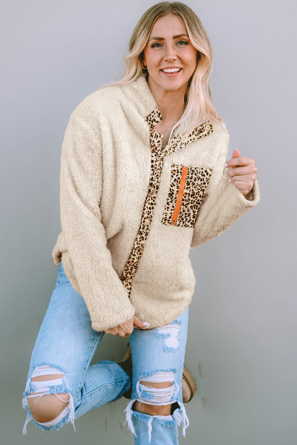 Leopard Patched Zipped Pocket Fleece Jacket