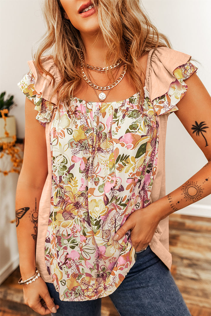 Floral Patchwork Square Neck Ruffle Sleeve Blouse