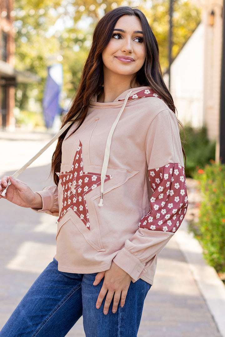 Floral Patchwork Star Pattern Drawstring Hoodie