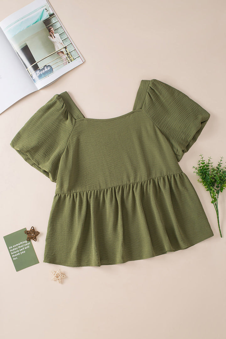 Solid Short Sleeve Square Neck Plus Babydoll Top