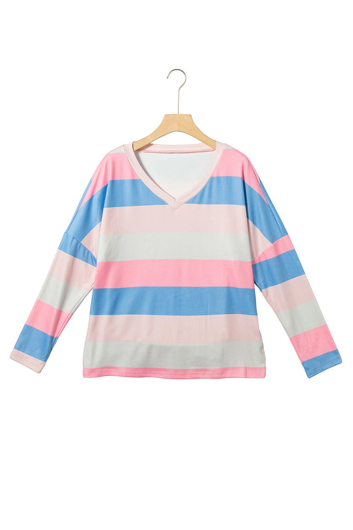 Contrast Striped V Neck Long Sleeve Top