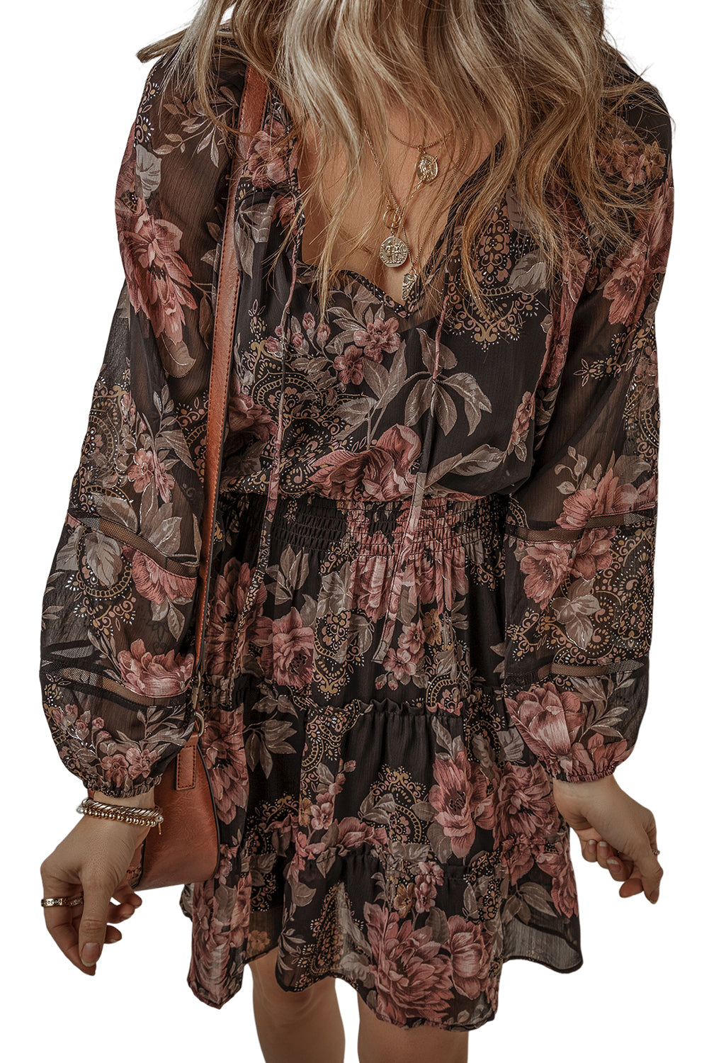 Vintage Floral Puff Sleeve V Neck Smock Waist Dress