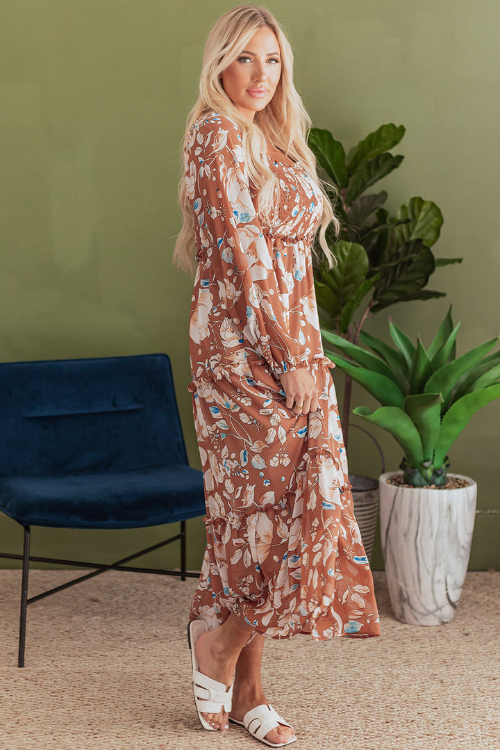 Floral Print Shirred Square Neck High Waist Maxi Dress