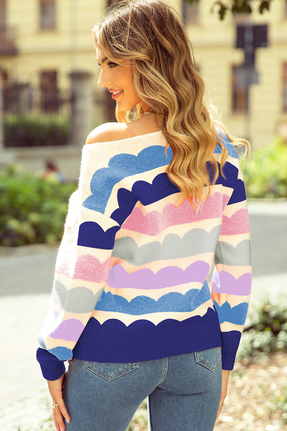 Wave Striped Balloon Sleeve Drop Shoulder Sweater