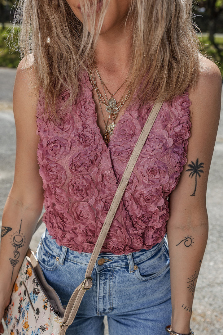 Floral Textured V Neck Wrapped Sleeveless Bodysuit