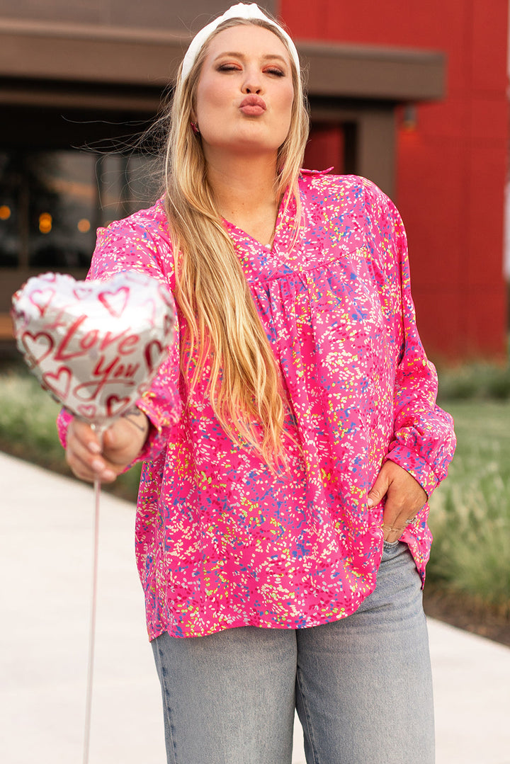 Plus Size Floral Print Puff Sleeve V Neck Blouse