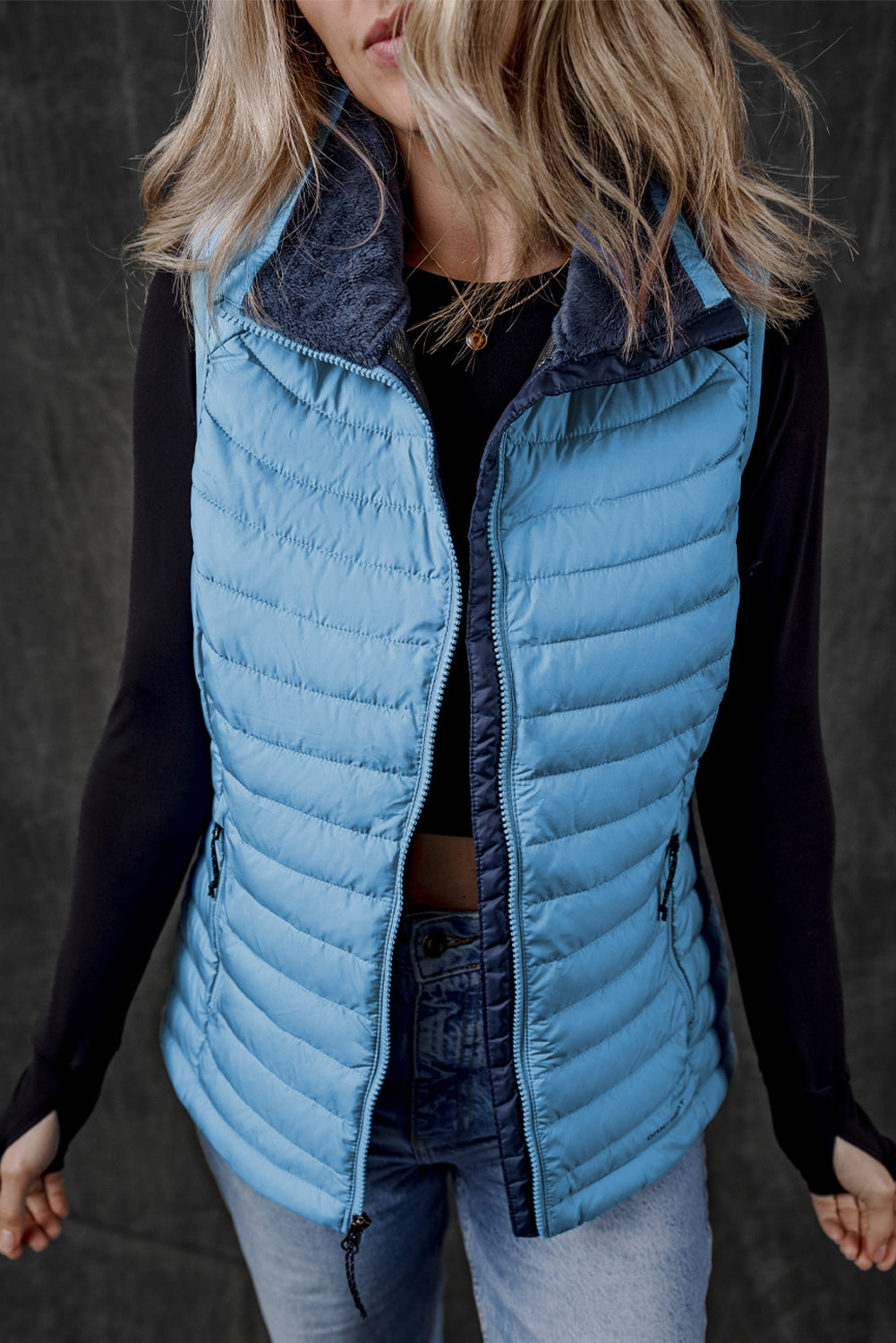 Plush Collared Quilted Zipped Puffer Vest