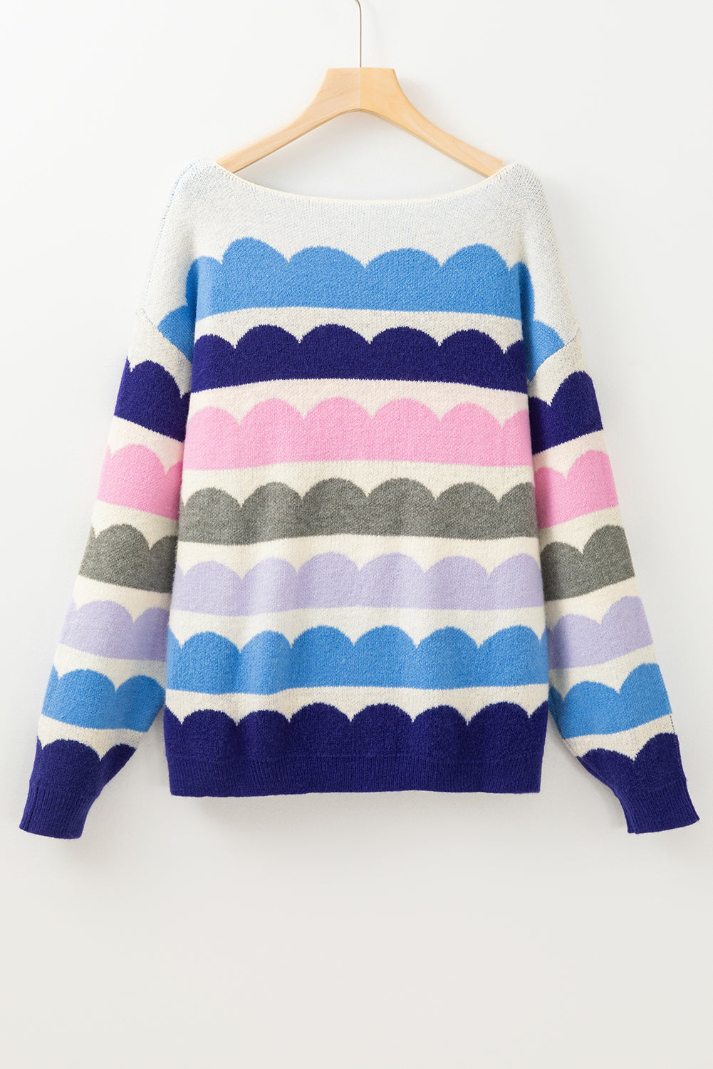 Wave Striped Balloon Sleeve Drop Shoulder Sweater