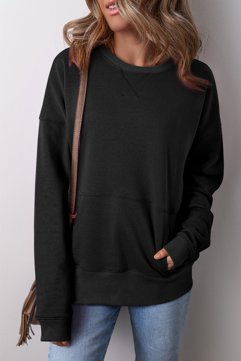 Drop Shoulder Crisscross Stitching Pocketed Loose Sweatshirt