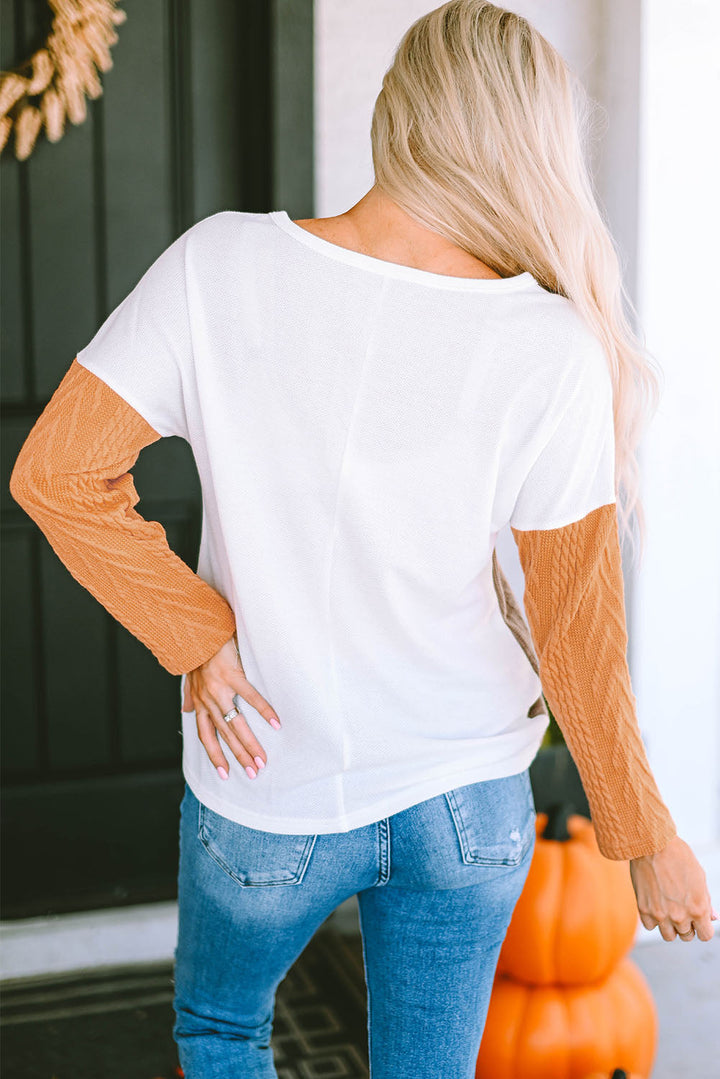 Long Sleeve Colorblock Chest Pocket Textured Knit Top