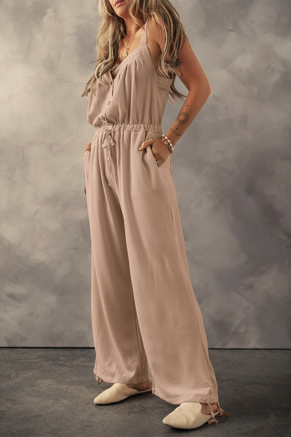 Knotted Straps Button Textured Drawstring Jumpsuit