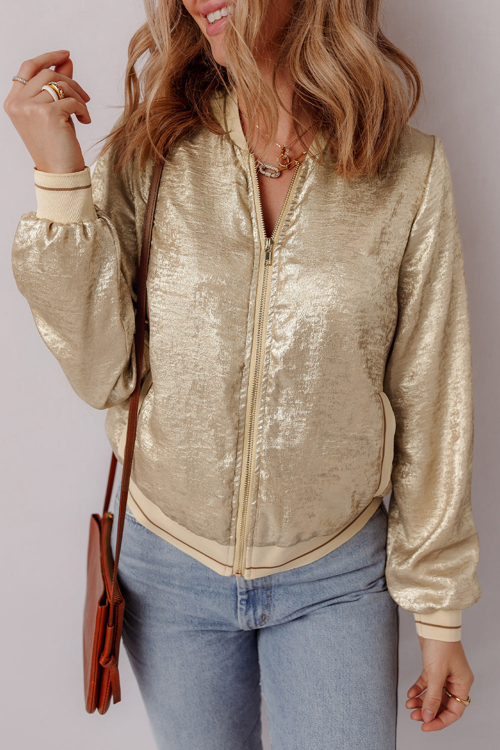 Metallic Zip up Baseball Jacket