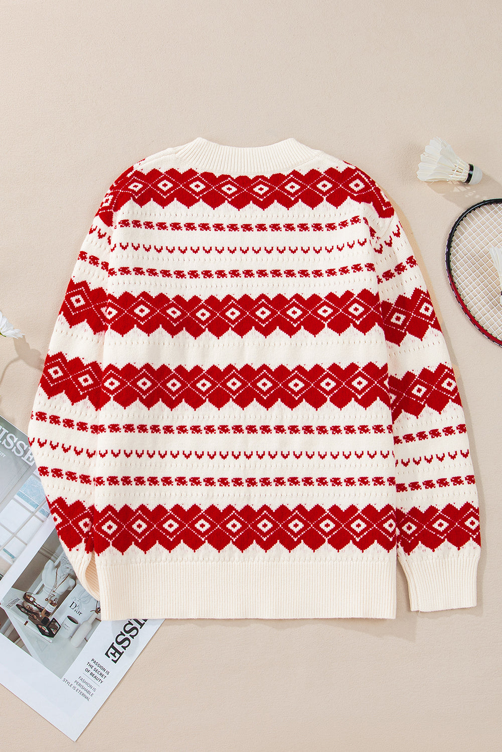 Western Geometric Patterned Crew Neck Loose Sweater