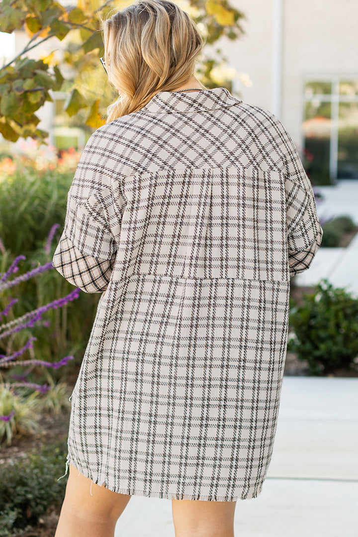 Plus Size Plaid Buttoned Raw Hem Tunic Shirt Dress