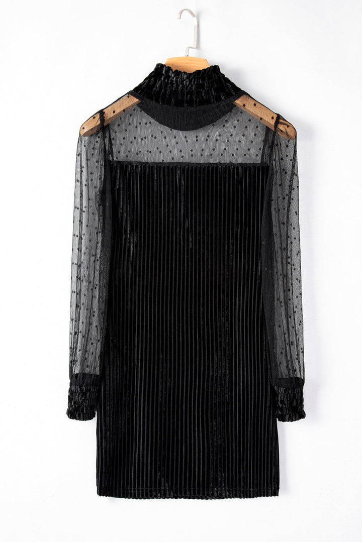 Dotted Mesh Striped Frilled Neck Bubble Sleeve Dress