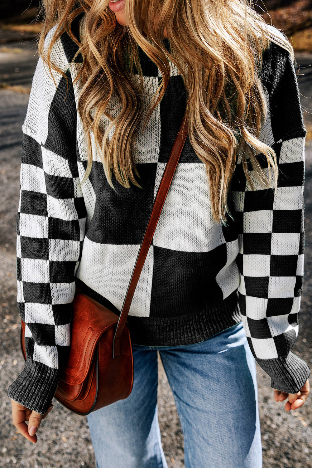 Checkered Print Drop Shoulder Sweater