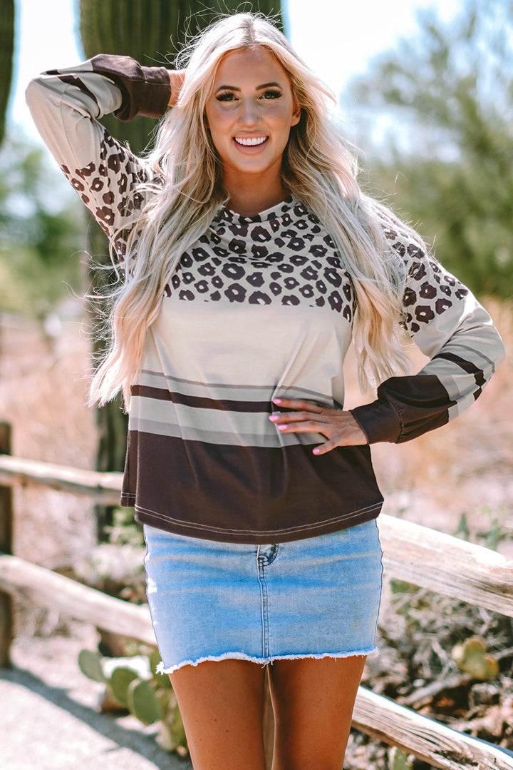 Leopard Color Block Crewneck Long Sleeve Top